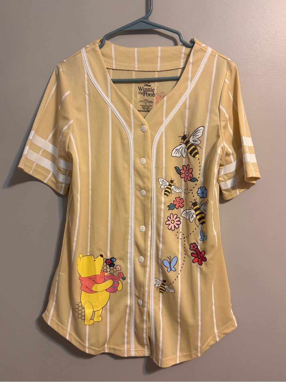 Disney Winnie the Pooh Baseball Jersey Shirt XL Yellow Floral Piglet